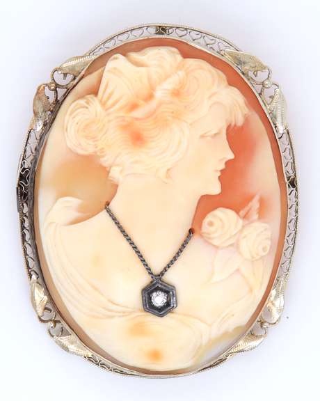 Antique Yellow Gold Shell Cameo with Diamond Pendant Brooch