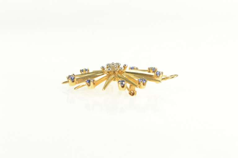 14K Yellow Gold 1950's Diamond Sapphire Sun Burst Star Pin/Brooch