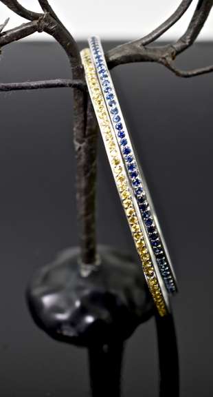 Wonderful Matched 14K Blue and Yellow Sapphire Bangles