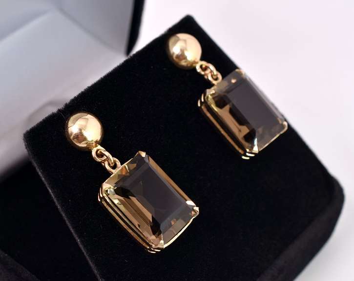 Marvelous Large Smokey Quartz Earrings in Yellow Gold
