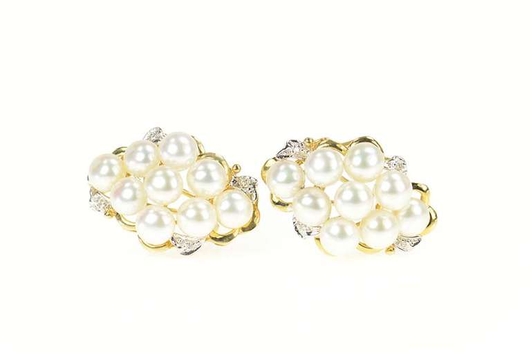 14K Yellow Gold Ornate Designer Pearl Diamond Cluster Clip Earrings