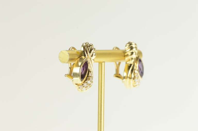 14K Yellow Gold 2.48 Ctw Amethyst Diamond Grooved French Clip Earrings