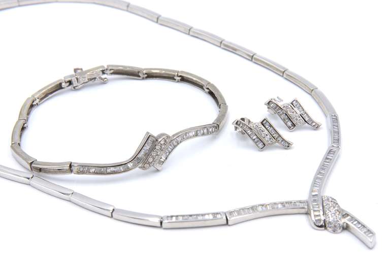Spectacular 18kt White Gold Baguette and Round Brilliant Cut Diamond Necklace, Bracelet and Earrings Set