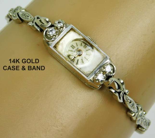 Early 14K Gold & Diamonds Elgin Wrist Watch