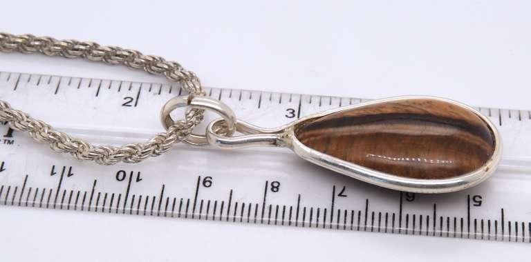 Vintage 925 Sterling Silver Tiger Eye Pendant on Rope Chain Necklace