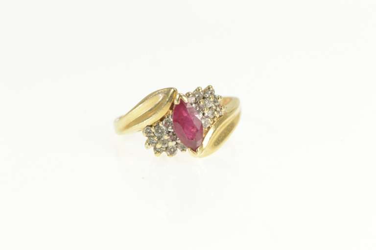 14K Yellow Gold Marquise Natural Ruby Diamond Cluster Bypass Ring