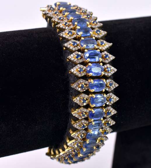 Ravishing 17.00CTW Genuine Kyanite, 2.00CTW Blue Sapphire, and 4.00CTW Diamond Bracelet in Gold Plated Sterling Silver
