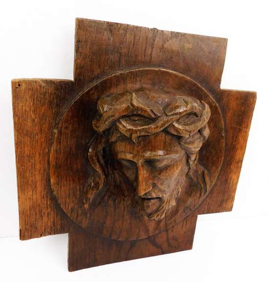 French Carved Wood Cross & Jesus Wall Plaque