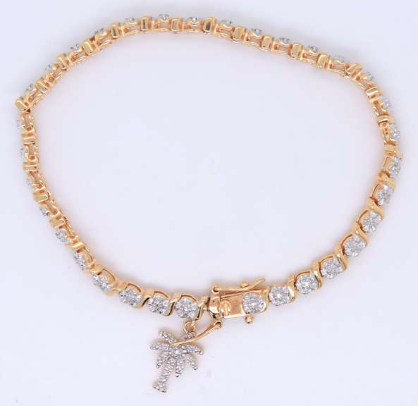 925 Sterling Silver over Gold Plated Cubic Zirconia Bracelet with Palm Tree Charm