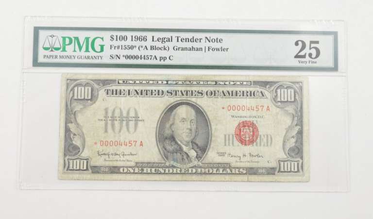 Very Fine 25 1966 $100 US Note Red Seal FR#1550* (*A Block) - PMG