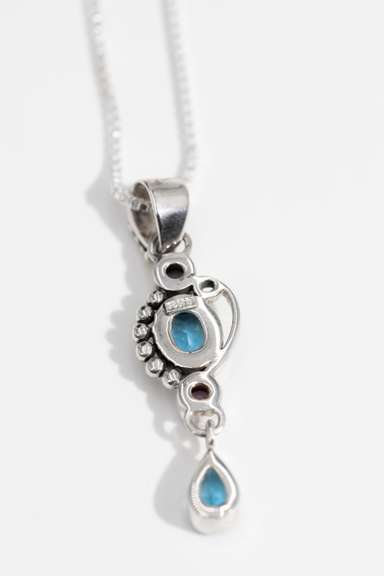 .925 Sterling Silver Pendant w/ Blue Topaz & Amethyst Gem Stones 50mm x 15mm