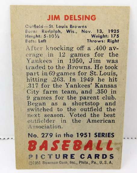 1951 Jim Delsing Bowman Baseball Card