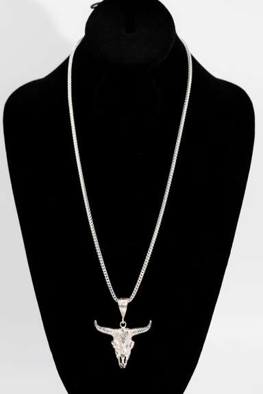 .925 Sterling Silver Long Horn Bull Pendant 56mm x 46mm