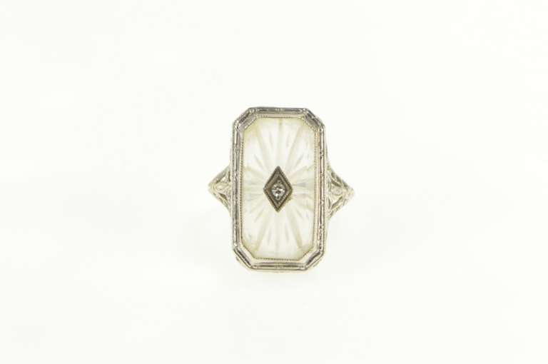 14K White Gold Art Deco Camphor Glass Filigree Diamond Ring