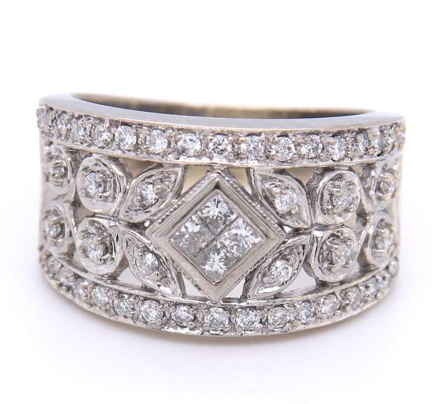Dramatic White Gold Mixed Cut Diamond Migraine Floral Wide Diamond Band