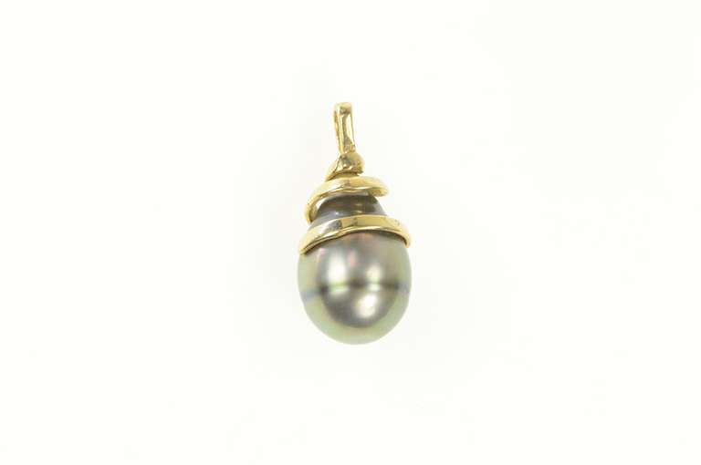14K Yellow Gold Tahitian Pearl Swirl Spiral Drop Statement Pendant