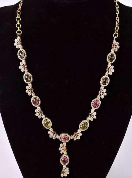 Fantastic Floral 10.75CTW Tourmaline & Approx. 5.00CTW Diamond Necklace in Gold Plated Sterling Silver