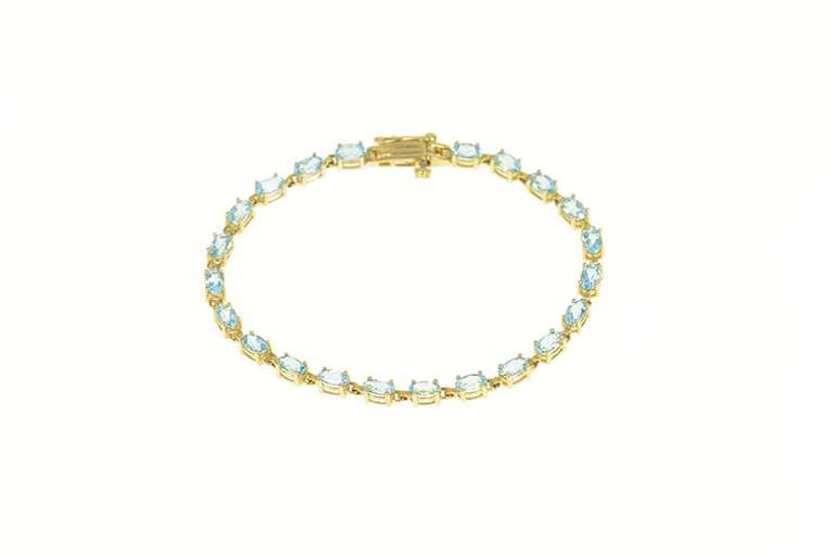 10K Yellow Gold Oval Blue Topaz Classic Statement Tennis Bracelet