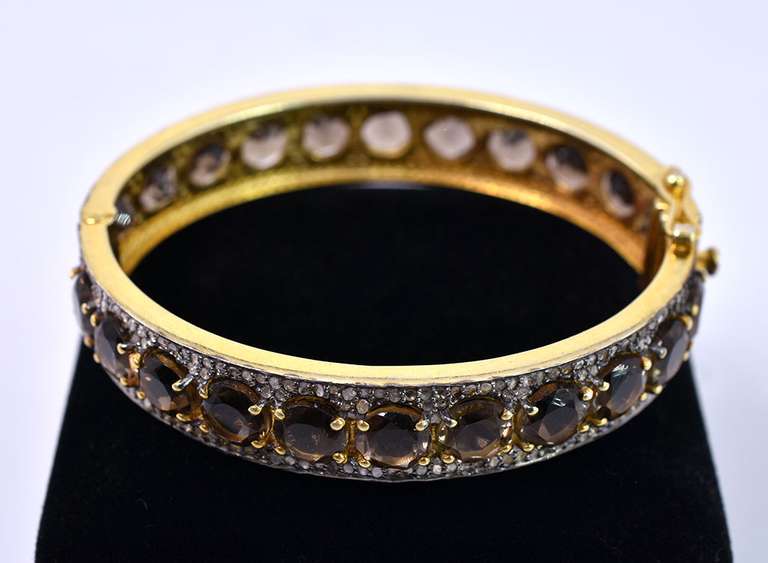 Gorgeous 23.00CTW Smoky Quartz & 3.50CTW Diamond Bangle Bracelet in Gold Plated Sterling Silver