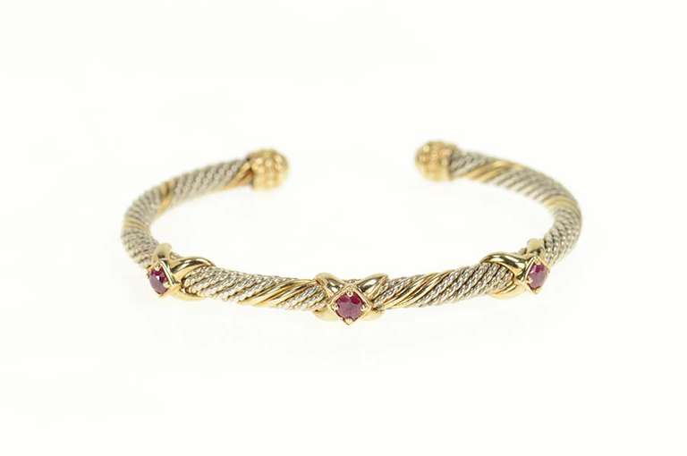 Sterling Silver 14K Two Tone Ruby X Twist Designer Cuff Bracelet