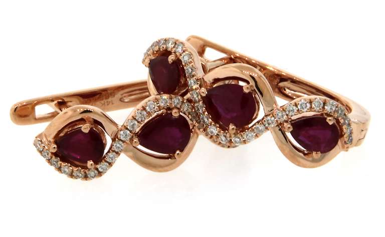 Hoop Earrings 14K Rose Gold with Pear Cut Rubies and Accent Diamonds
