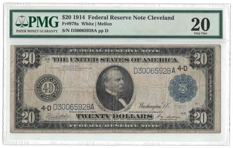 1914 $20 Federal Reserve Note Cleveland FR-979a Graded PMG 20 Very Fine