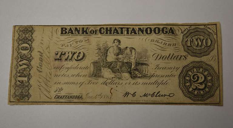 January 4th 1863 Bank Of Chattanooga, Tennessee $2 Obsolete Note, Circulated.
