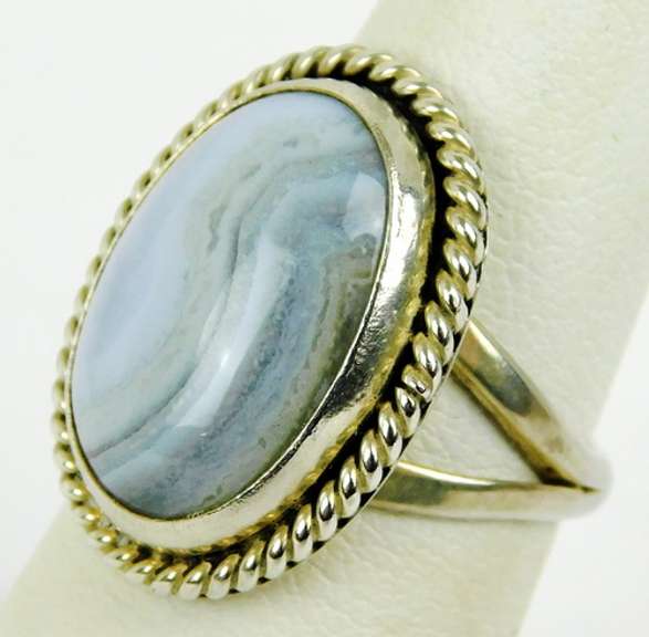 Signed Nakai Sterling Blue Lacy Agate Ring, Size 6