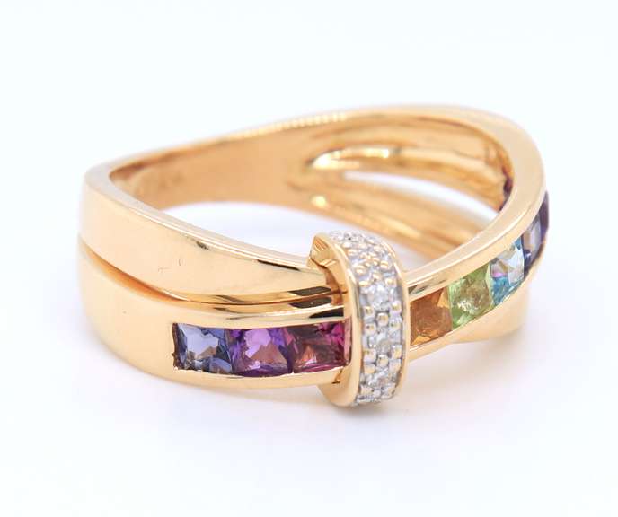 Fantastic 18kt Yellow Gold Guy Laroche Multi Gemstone and Diamond Bypass Ring
