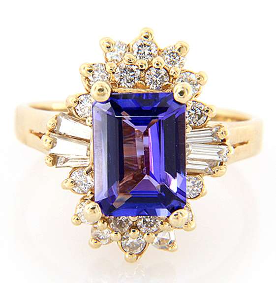 3.16ct Emerald Cut Tanzanite and 1.00ctw Diamond Starburst Yellow Gold Ring