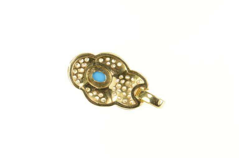 18K Yellow Gold Pave CZ Ornate Turquoise Scalloped Statement Pendant