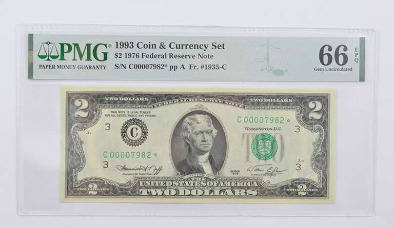 1976 $2 FR Note FR# 1935-C* 1993 Coin Currency Set PMG 66 EPQ GEM UNC