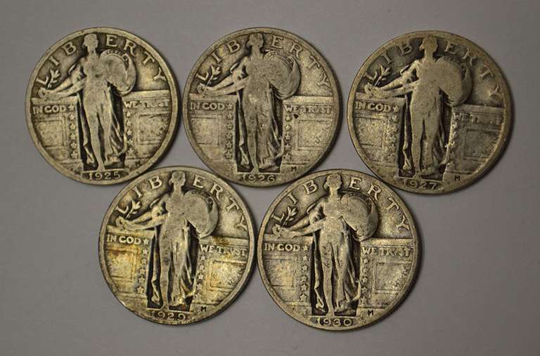 Lot Of 5 Different Full Date Standing Liberty Quarters, Circulated.