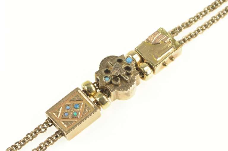 14K Yellow Gold Victorian Ornate Turquoise Pearl Slide Charm Bracelet