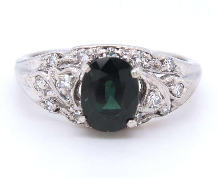 Vintage White Gold oval Green Sapphire and Single Cut Diamond Ring