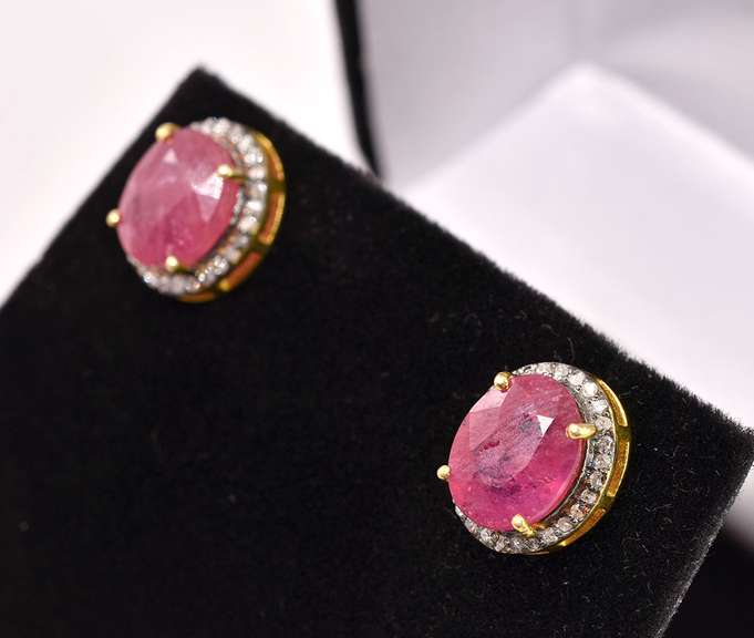Precious 7.00CTW Ruby & 0.50CTW Diamond Earrings in Gold Plated Sterling Silver
