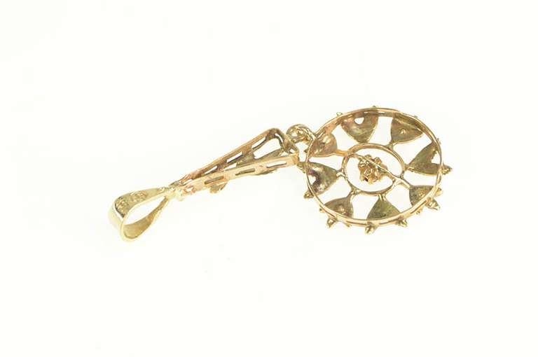14K Yellow Gold Victorian Ornate Leaf Motif Garnet Seed Pearl Pendant