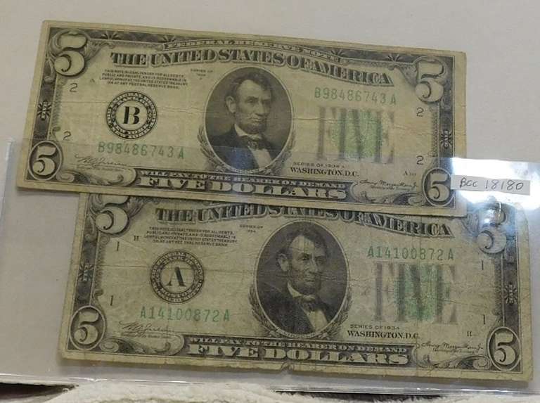2 Notes: $5. Fed Res Notes 1934 & 1934-A