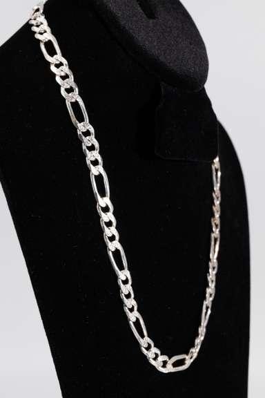Italian .925 Sterling Silver 9mm 3+1 Figaro Pave Link Chain 22 Inches
