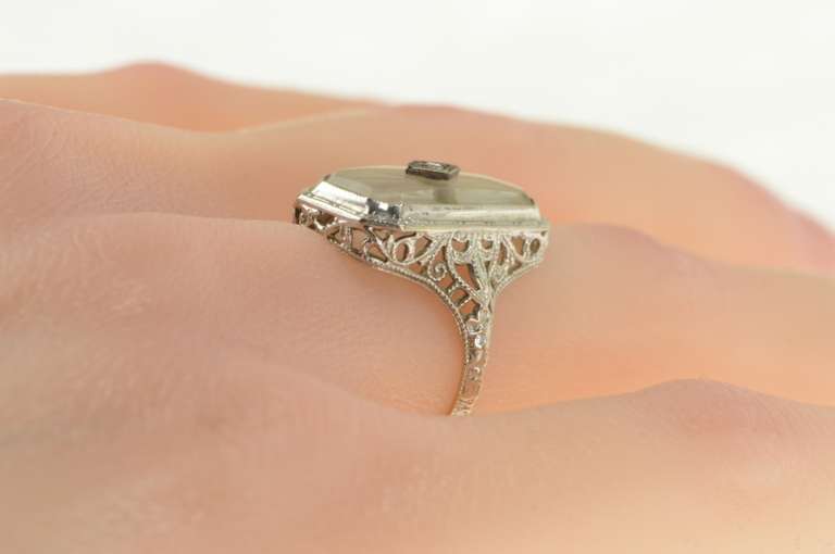 14K White Gold Art Deco Camphor Glass Filigree Diamond Ring