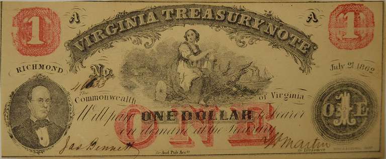 July 21 1862 $1 Virginia Treasury Note Uncirculated.