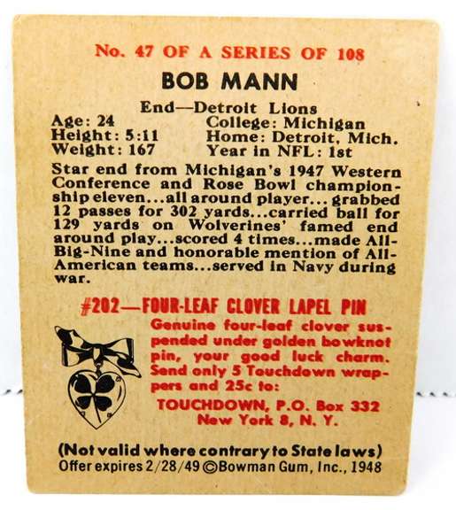 1948 Bob Mann Bowman Football Card