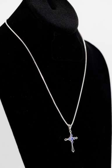 .925 Sterling Silver Cross w/ Tanzanite Gem Stones 38mm x 24mm
