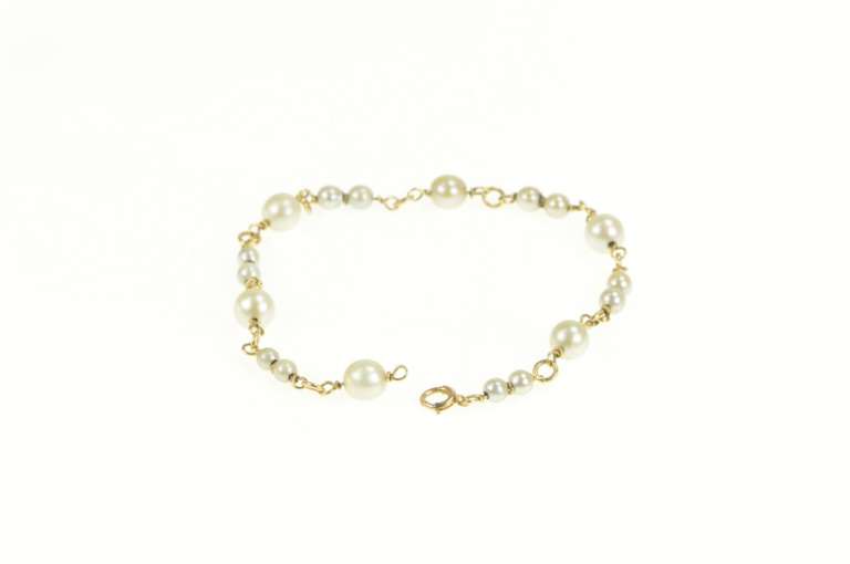 14K Yellow Gold Pearl Beaded Chain Link Classic Statement Bracelet