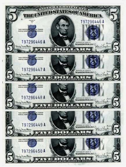 5 1934-D Consecutive Serial Numbered $5 Blue Seal Silver Certificates