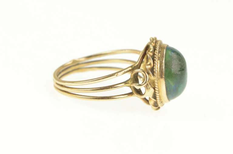 14K Yellow Gold Retro Oval Chrysocolla Cabochon Twist Trim Ring