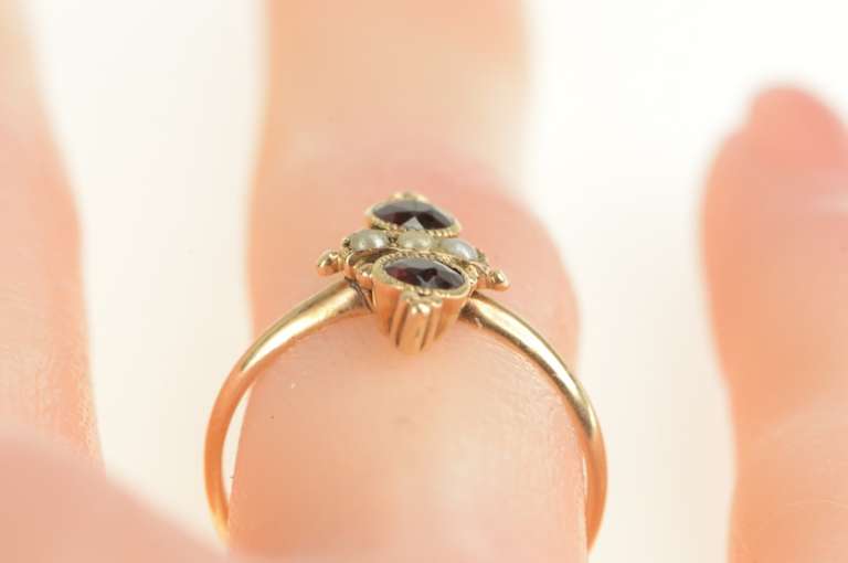 10K Yellow Gold Victorian Garnet Seed Pearl Ornate Statement Ring