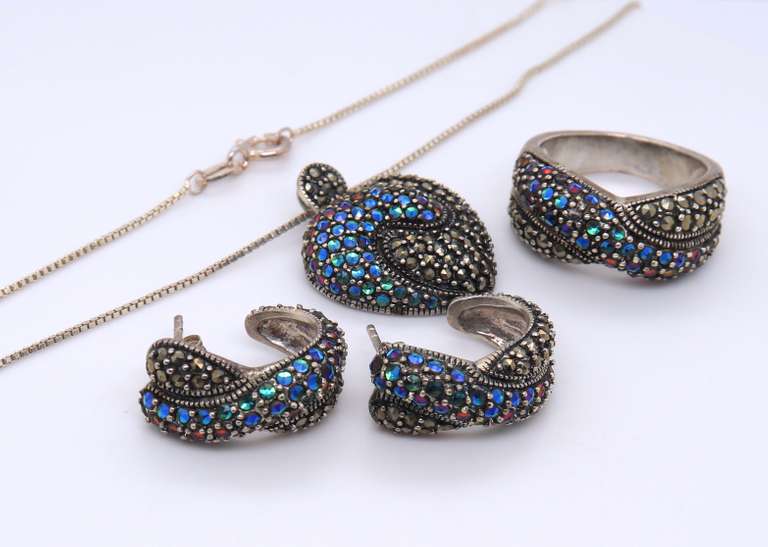 Set of Vintage Italian Sterling Silver Marcasite and CZ Pendant on Chain with Matching Ring and Earrings