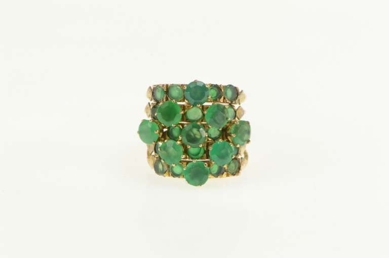 14K Yellow Gold Victorian Layered Green Glass Statement Band Ring