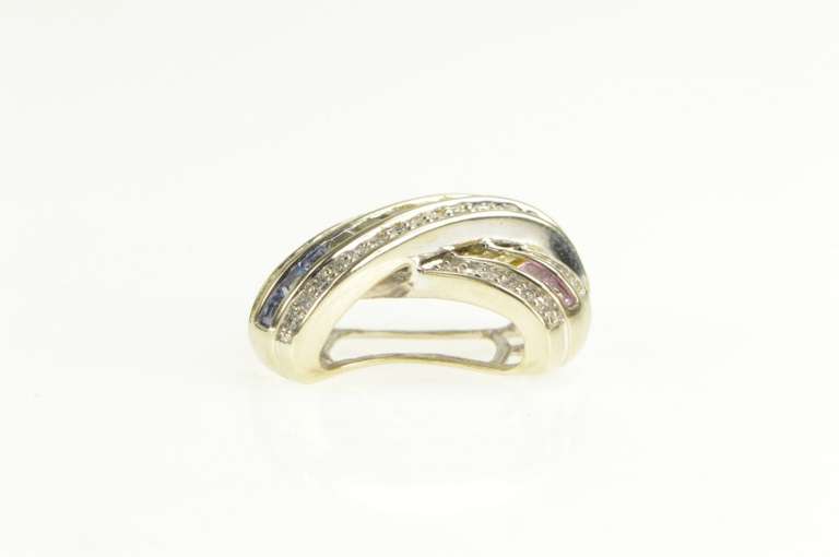 14K White Gold 1.33 Ctw Natural Sapphire Rainbow Diamond X Pendant